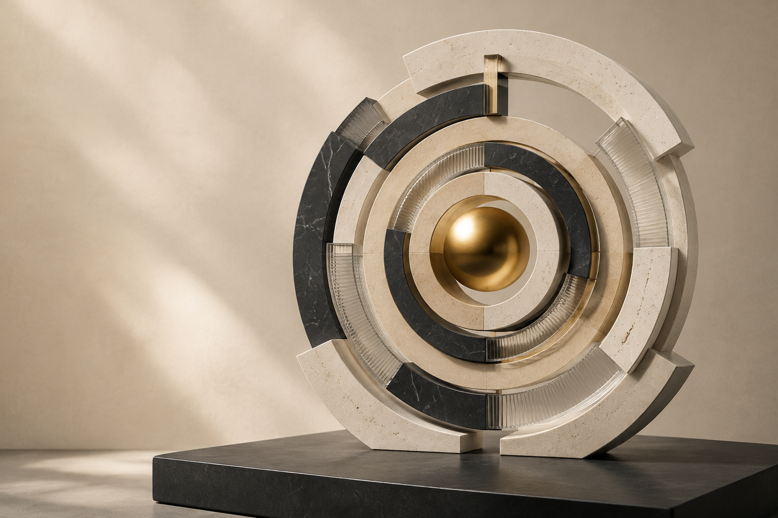 Concentric abstract sculptural rings in stone, glass, and brass around a gold center, representing a unified strategic pathway
