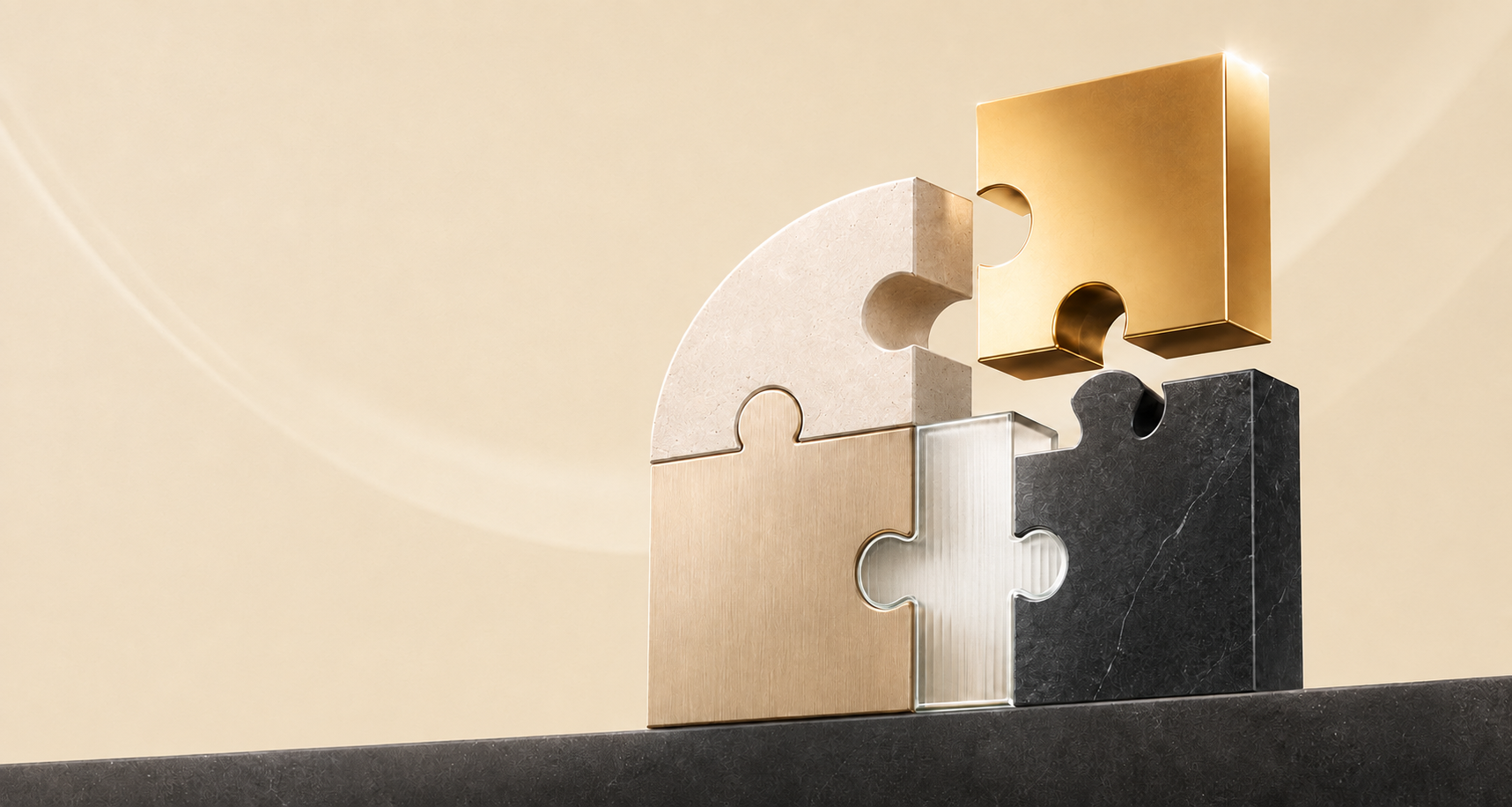 Abstract sculptural puzzle pieces in stone, glass, and brass fitting together, representing skills coming together through training