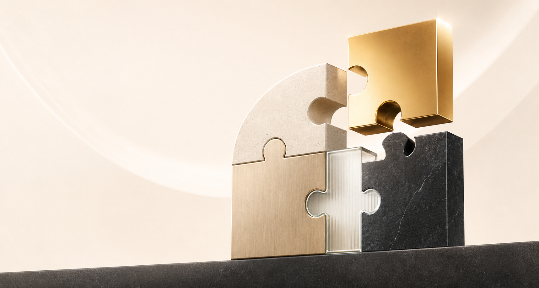Abstract sculptural forms in stone, glass, and brass fitting together, representing a community of CAS practitioners