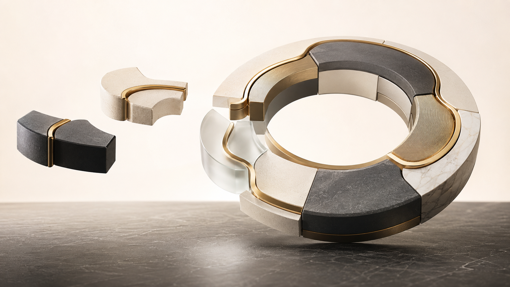 Abstract sculptural ring in stone, brass, and glass representing a practice built piece by piece
