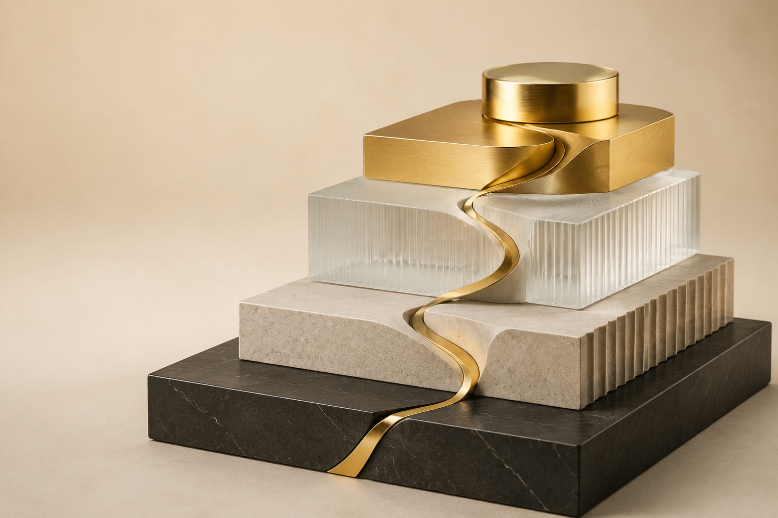 Stacked layers of stone, glass, and brass connected by a gold ribbon, representing standardized layers of a CAS practice