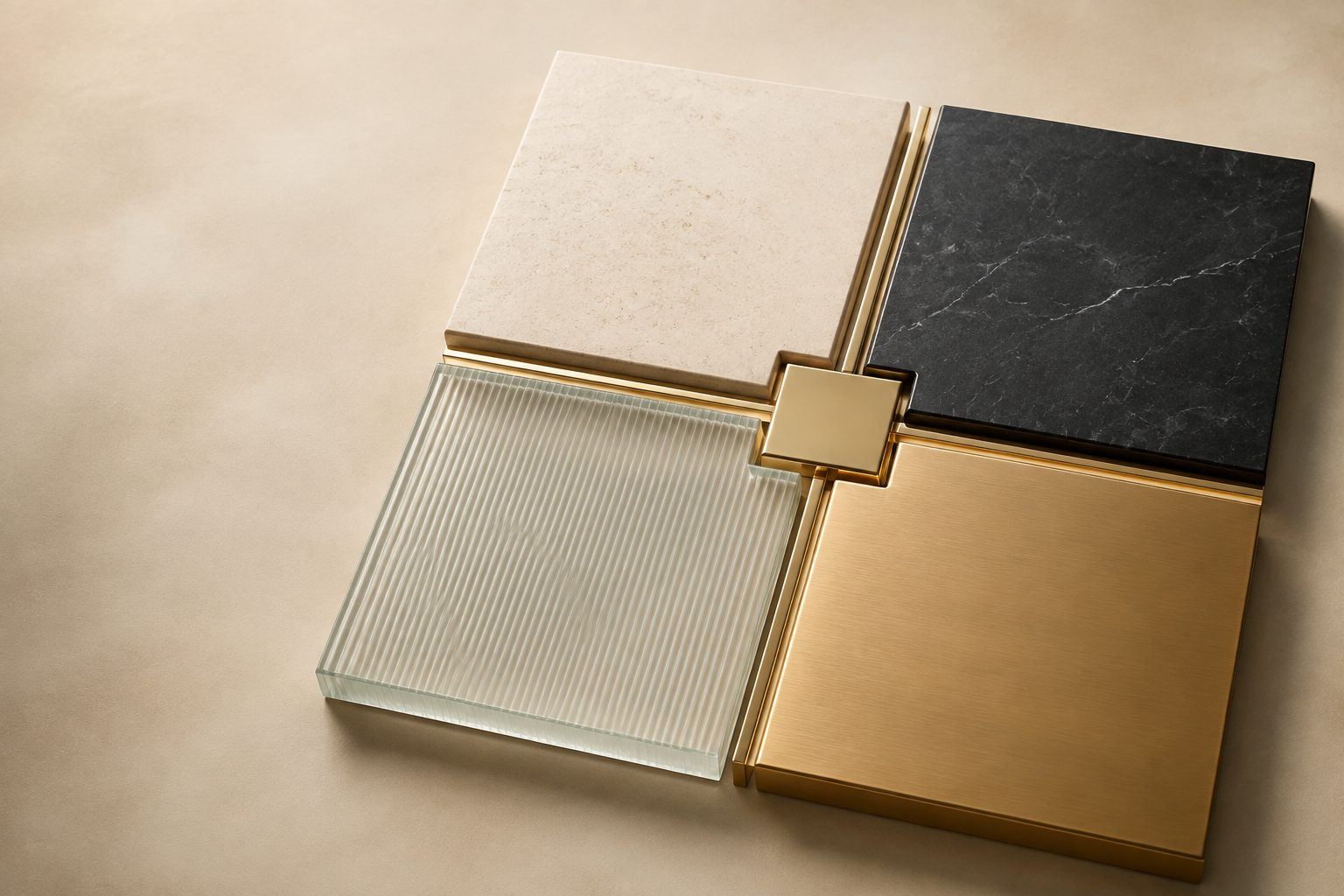 Stacked stone, glass, and brass material swatches representing the layered resources of Infinite Ties